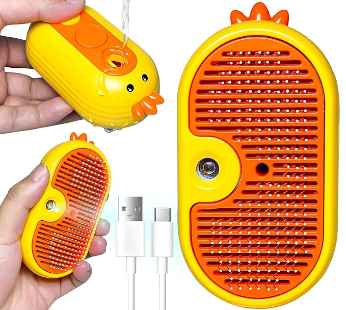 3-in-1 Rechargeable Steam Brush for Cats &amp; Dogs - Anti-Static Spray Pet Grooming Brush with Warm Mist Massage, Hair Shedding Control, Detangling Comb &amp; Cleaning Tool for Effective Deshedding