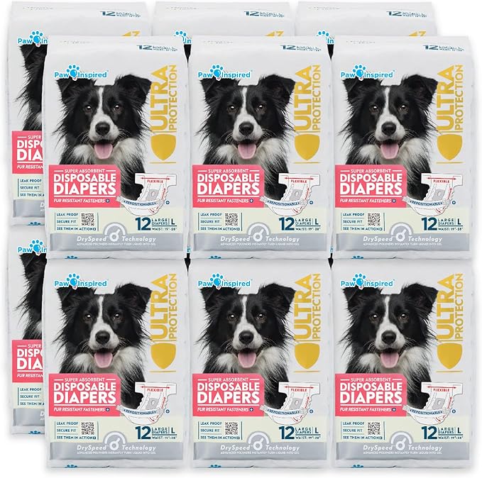 Paw Inspired Disposable Dog Diapers | Female Dog Diapers Ultra Protection | Diapers for Dogs in Heat, Excitable Urination, or Incontinence (12&amp;144 Count) (Large (144 Count))