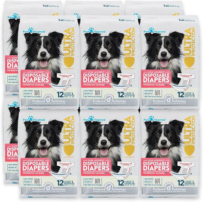 Paw Inspired Disposable Dog Diapers | Female Dog Diapers Ultra Protection | Diapers for Dogs in Heat, Excitable Urination, or Incontinence (12&amp;144 Count) (Large (144 Count))