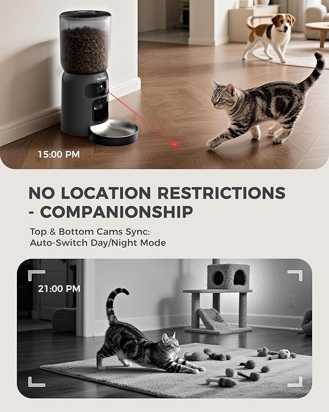AI Cat Feeder with Dual Cameras (1 Adjustable), 2K HD Night Vision, 5G/2.4G WiFi, 6L Automatic Pet Feeder with APP Control, Laser Interactive Toy, Two-Way Audio &amp; Scheduled Feeding