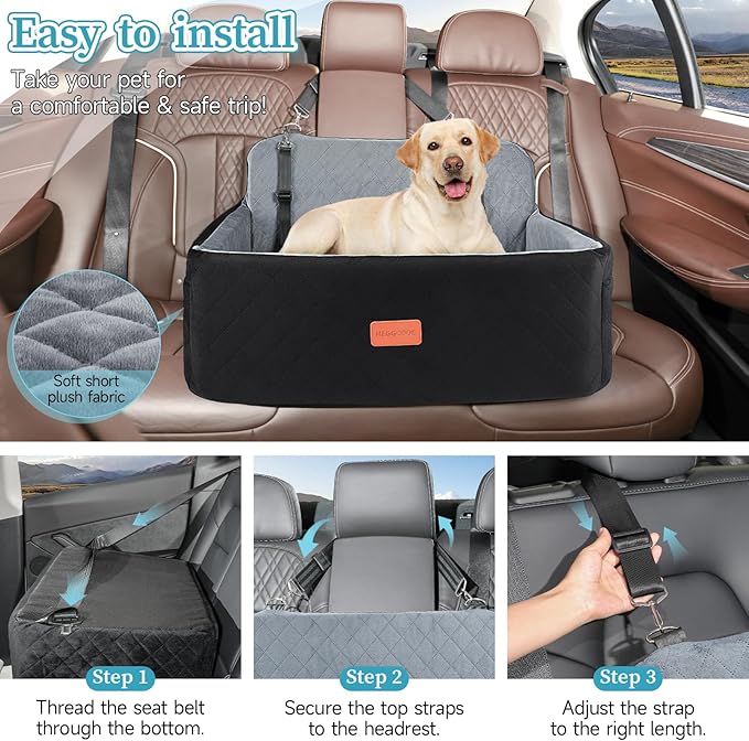 Dog Car Seat for Medium/Large Dogs, Pet Booster Seat for Under 55 lbs or 2 Small Dogs, Detachable &amp; Washable Dog Car Bed for Backseat with 2 Safety Leashes (Black/Grey)