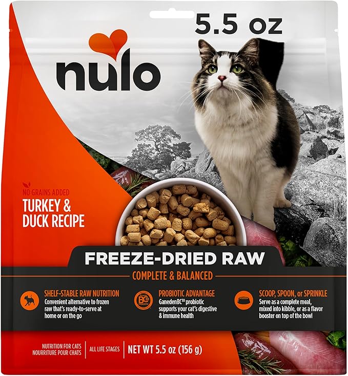 Nulo Freestyle Freeze-Dried Raw, Ultra-Rich Grain-Free Dry Cat Food for All Breeds and Life Stages with BC30 Probiotic for Digestive and Immune Health, Turkey &amp; Duck, 5.5 Ounce