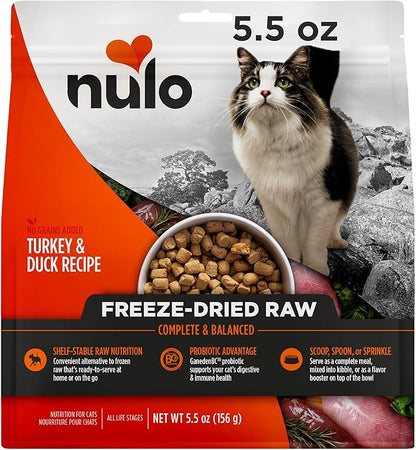 Nulo Freestyle Freeze-Dried Raw, Ultra-Rich Grain-Free Dry Cat Food for All Breeds and Life Stages with BC30 Probiotic for Digestive and Immune Health, Turkey &amp; Duck, 5.5 Ounce