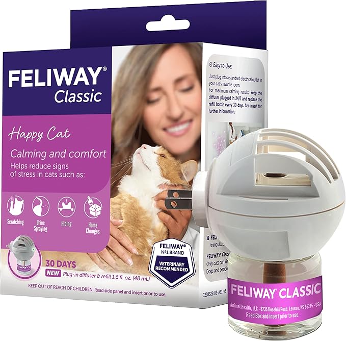 FELIWAY Classic 30 Day Cat Calming Plug In Pheromone Diffuser Starter Kit, 48ml - Helps Reduce Common Signs of Stress in Cats &amp; Kittens, Enhanced Calming