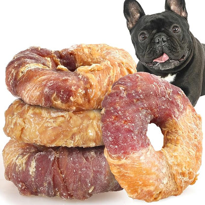 ASMPET Dog Treats Chews, Chicken &amp; Duck Wrapped Rawhide Donuts Dental Care Chews for Small Medium Large Breed Aggressive Chewers (Pack of 4)