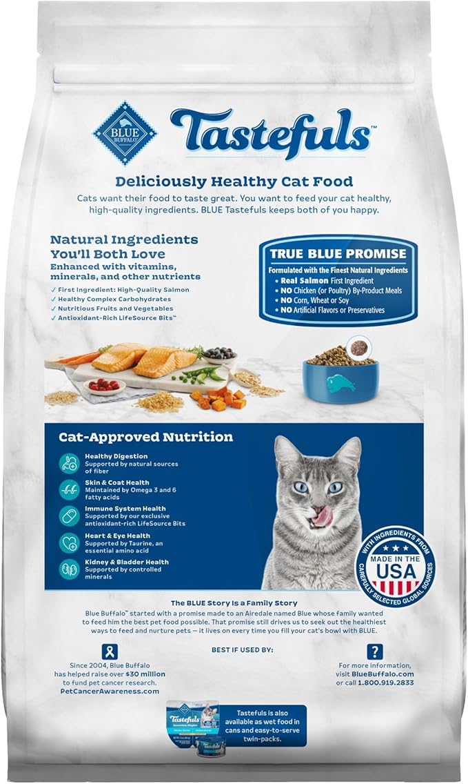 Blue Buffalo Tastefuls Indoor Natural Adult Dry Cat Food, Salmon &amp; Brown Rice 10lb Bag