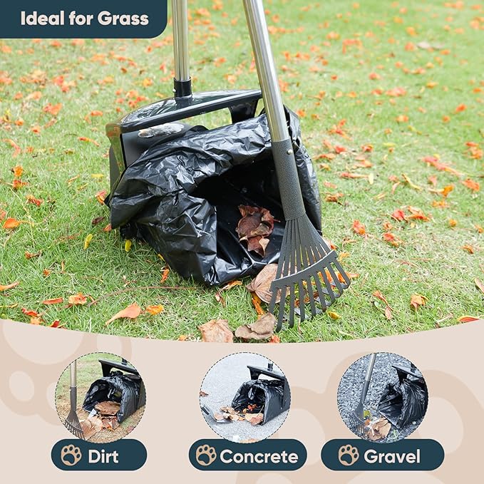 Stainless Steel Dog Pooper Scooper,40" Long Handle Swivel Bin, Rake and Spade,20 Waste Bags &amp; Hook - Heavy Duty Portable Metal Poop Scooper for Large,Medium and Small Dogs
