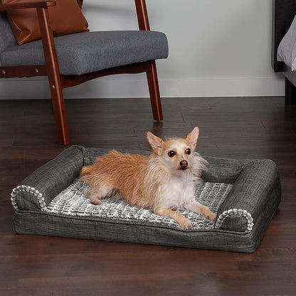Furhaven Orthopedic Dog Bed for Medium/Small Dogs w/ Removable Bolsters &amp; Washable Cover, For Dogs Up to 35 lbs - Luxe Faux Fur &amp; Performance Linen Sofa - Charcoal, Medium