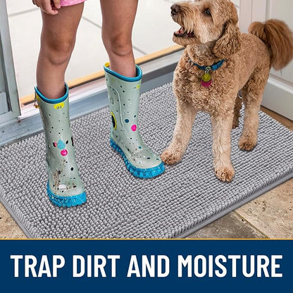 Smiry Dog Door Mat for Muddy Paws 47x24, Absorbs Moisture and Dirt Doormat, Non-Slip Washable Quick Dry Chenille Front Door Mat Indoor Entrance, Entryway Carpet for Inside Floor, Light Grey
