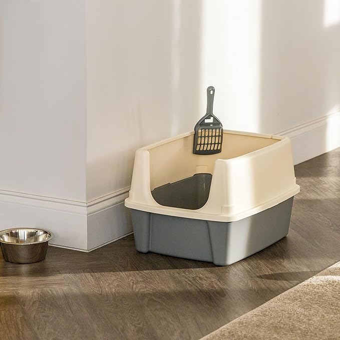 Amazon Basics Large Cat Litter Box with High Sides, Open Top, Includes Scoop, 19 x 15 x 11.75 inches, Grey/Beige