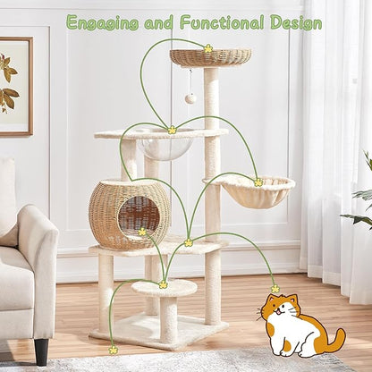 Yaheetech 54in Rattan Cat Tree, Modern Tower with Breathable Woven Condo, Scratching Posts &amp; Washable Cushions, Naturally Cool in Summer, Cute Furniture for Indoor Cats