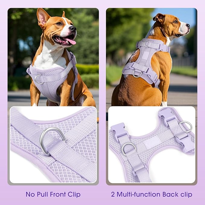 Wisedog Mesh Breathable Dog Harness: No Pull Harness with 3 Fast-Release Buckles Adjustable for Walking &amp; Training for Small Medium Large Dogs (Lilac, L: Neck=20"-25"/Chest=17"-33")
