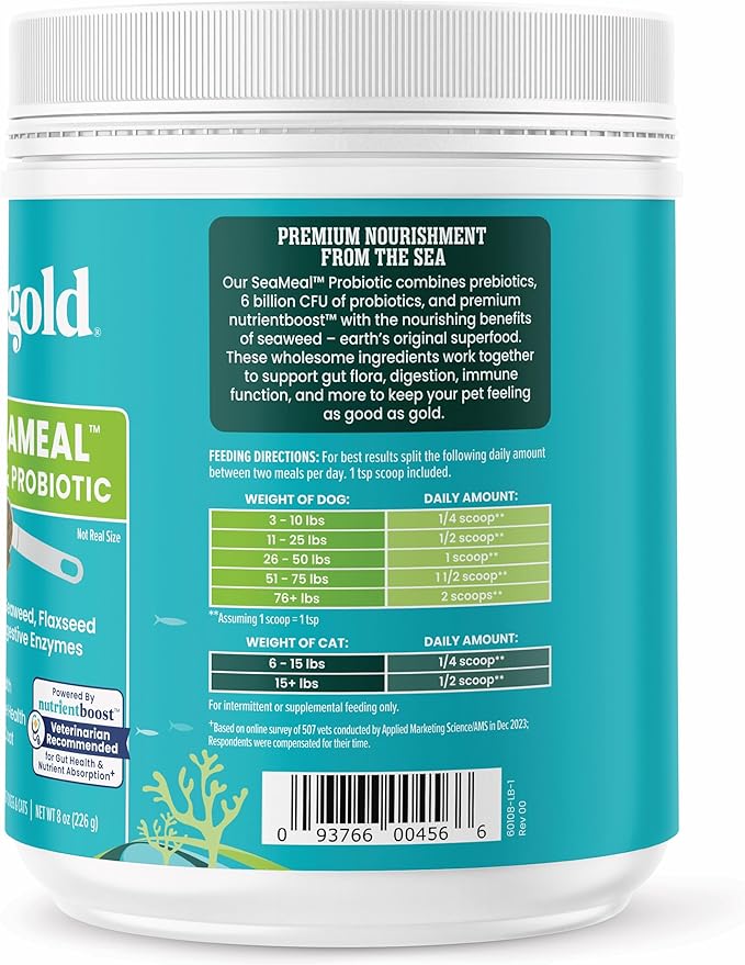 Solid Gold SeaMeal Cat Probiotic &amp; Dog Probiotics for Digestive Health - Kelp Powder Dog &amp; Cat Multivitamin Supplement w/Prebiotics &amp; Digestive Enzymes for Skin, Coat, &amp; Gut + Immune Support - 8oz