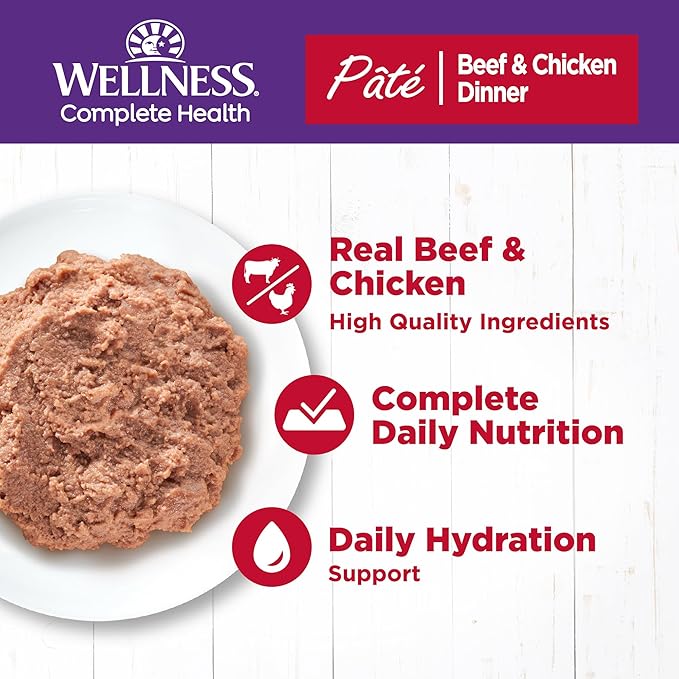 Wellness Complete Health Pate Adult Wet Cat Food, Natural, Protein-Rich, Grain Free, 3 Ounce, 24 Pack, (Beef &amp; Chicken)