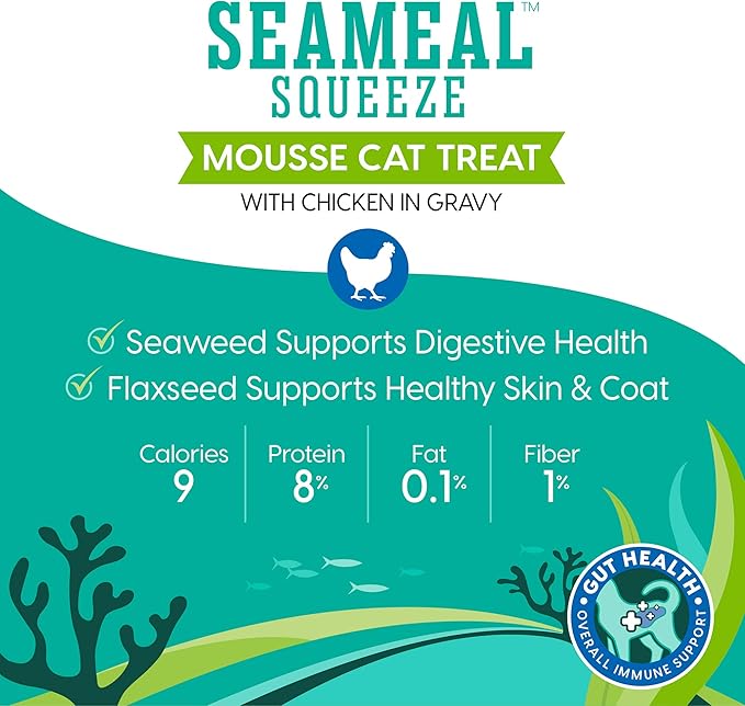 SeaMeal Squeeze Chicken Lickable Cat Treats with Seaweed for Skin &amp; Coat - Wet Cat Treats with Digestive &amp; Immune Health Support - Natural, Holistic, Grain Free (48 Squeezes)