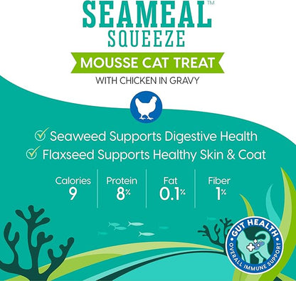 SeaMeal Squeeze Chicken Lickable Cat Treats with Seaweed for Skin &amp; Coat - Wet Cat Treats with Digestive &amp; Immune Health Support - Natural, Holistic, Grain Free (48 Squeezes)