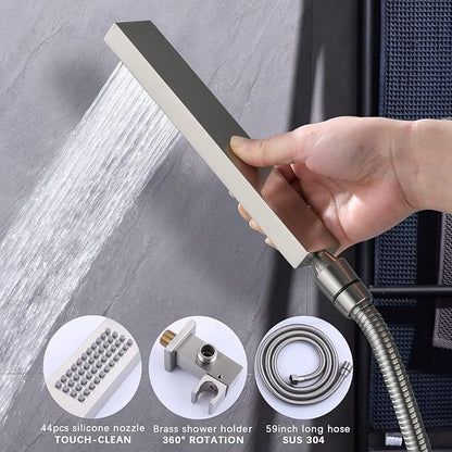 Shower System Brushed Nickel Shower Faucet Set with 12 Inch Ceiling Mounted and 8 Inch Wall Mounted Dual Shower Head and Handle Set with Temperature Display Function