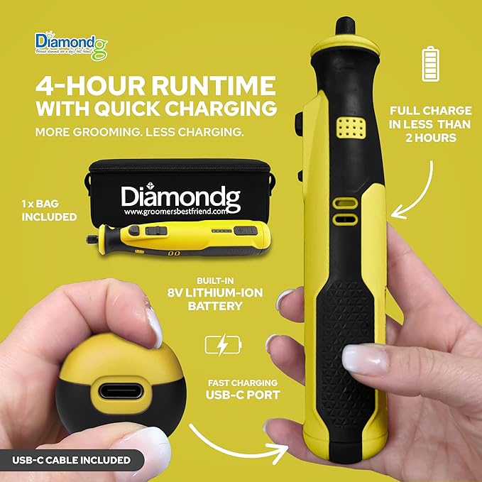Diamondg Cordless Dog Nail Grinder with Quiet Sound &amp; LED Tip for Large &amp; Small Dogs, 4hrs. Runtime - Electric Dog Nail Trimmer, Heavy Duty Rotary Tool Alternative to Toenail Clippers &amp; Filers