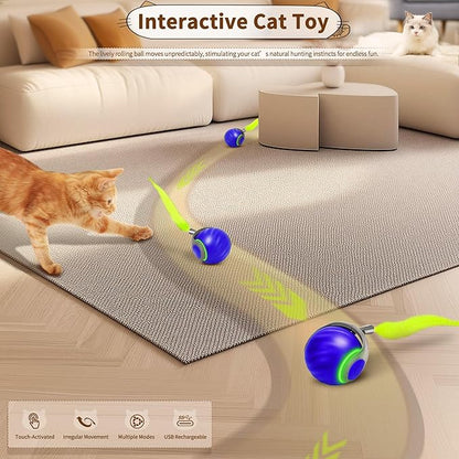 Speedy Tail 2.0 Interactive Cat Toy – Smart Self-Rolling Cat Ball with Feather Tail, Automatic Moving Motorized Toy for Indoor Cats, Chasing &amp; Hunting Fun (Blue)