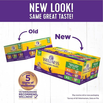 Wellness Complete Health Pate Adult Wet Cat Food, Natural, Protein-Rich, Grain Free, 3 Ounce, 12 Pack, (Chicken &amp; Turkey Favorites Variety Pack)