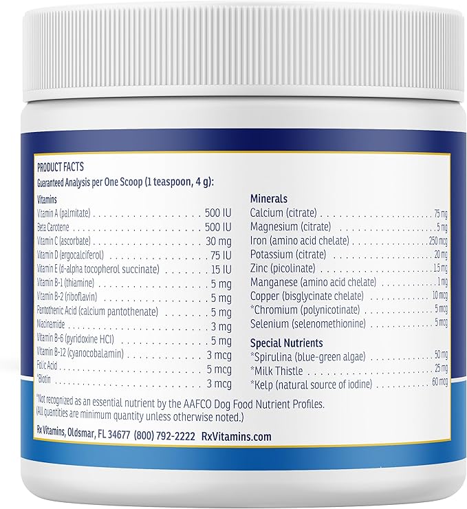 Rx Vitamins Essentials for Dogs - Daily Vitamins &amp; Minerals - with Blue Spirulina, Kelp Powder, and Milk Thistle - Complete Canine Vitamins and Essential Minerals Powder - 8 oz