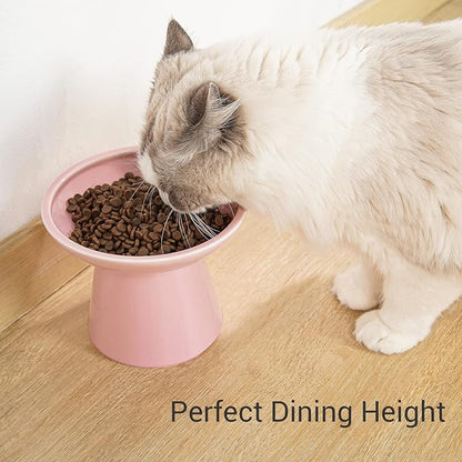 Extra Wide Elevated Ceramic Cat Food Bowl - 6.2" Shallow Dish for Whisker Fatigue Relief, 5" Height for Easy Feeding, Lead &amp; Cadmium Free, Durable Raised Cat Food Bowls, Pink