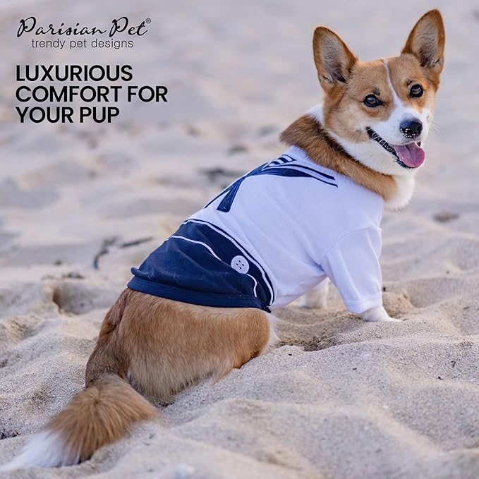 Parisian Pet Sailor Dog Costume - Embroidered Sleeved Dog Shirt - 100% Cotton &amp; Polyester - Blue &amp; White - 3XL
