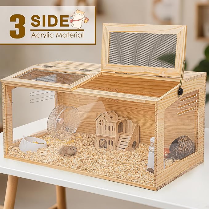 Hamster Cage 32 Inch Wooden Chewproof, 270° View Habitat with Bite-Proof Metal Mesh &amp; Dual Access Doors, Acrylic Sheets &amp; Solid Build for Dwarf Syrian Hamsters/Gerbils/Guinea Pigs/Chinchillas