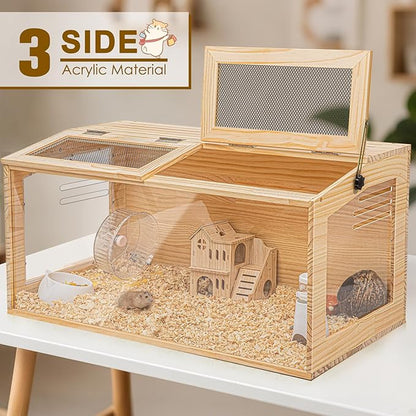 Hamster Cage 32 Inch Wooden Chewproof, 270° View Habitat with Bite-Proof Metal Mesh &amp; Dual Access Doors, Acrylic Sheets &amp; Solid Build for Dwarf Syrian Hamsters/Gerbils/Guinea Pigs/Chinchillas