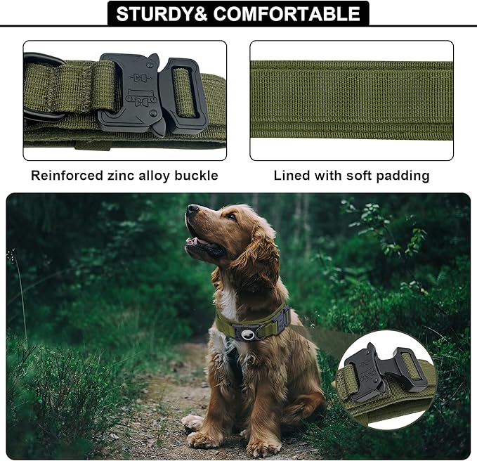 Tactical AirTag Dog Collar Leash Set - Heavy Duty, Adjustable GPS Collar Compatible with Apple AirTag, with Holder &amp; Control Handle for Medium/Large Dogs [ Green, M ]