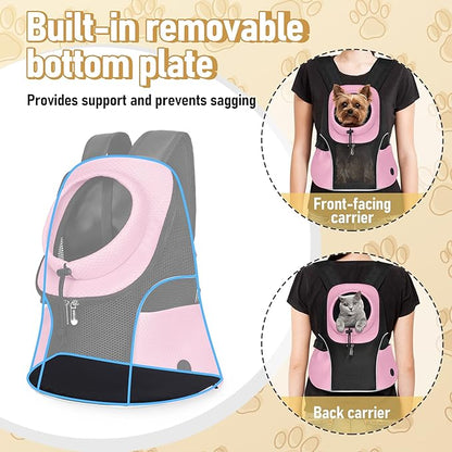 WOYYHO Pet Dog Carrier Backpack Small Dog Front Backpack Ventilated Mesh Dog Travel Back Pack with Safety Belt for Travel Hiking Cycling Outdoor Adventures (Size M: 5-9 lbs, Pink)
