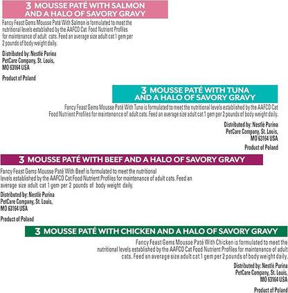 Fancy Feast Gems Pate Cat Food Mousse and a Halo of Savory Gravy Wet Cat Food Variety Pack - (Pack of 12) 4 oz. Boxes