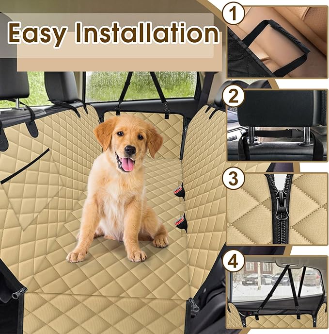 Waterproof Dog Car Seat Cover for Back Seat - Durable, Scratch Proof Pet Hammock with Nonslip Design &amp; Storage Pockets, Fits Cars, SUVs, Trucks - L, Khaki/Black