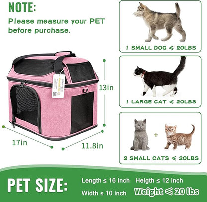 Large Cat Carrier Pet Carrier, Oeko-TEX Certified Soft Side Pet Carrier for Cat, Small Dog, Collapsible Travel Small Dog Carrier, TSA Airline Approved Cat Carrier for Cats 20 lb,Pink