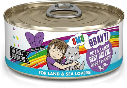 Weruva B.F.F. OMG - Best Feline Friend Oh My Gravy!, Best Day Eva! with Beef &amp; Salmon in Gravy Cat Food, 5.5oz Can (Pack of 8)