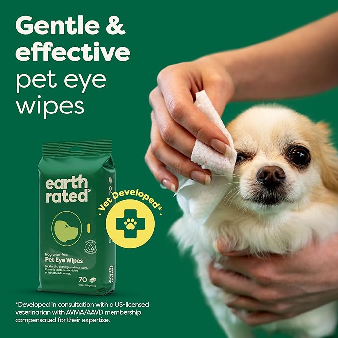 Earth Rated Vet-Developed Pet Eye Wipes, Hypoallergenic Cleaner for Dogs &amp; Cats Eyes to Remove Dirt &amp; Discharge, Fragrance Free, 70 Count