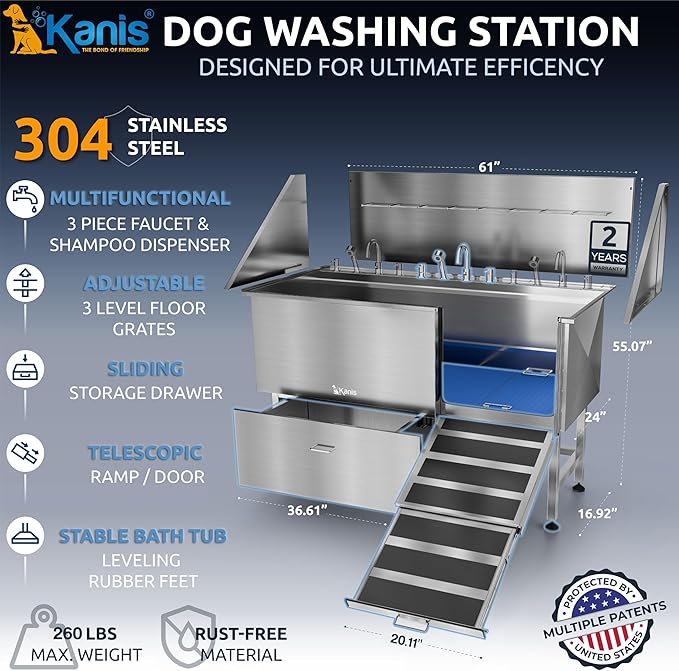 KANIS Professional Dog Washing Station - 304 Stainless Steel Pet Wash Sink &amp; Grooming Bath Tub for Home with Ramp, Shower, Floor Grate, Storage Drawer, Faucet, Drain Kit for Large, Medium &amp; Small Pets