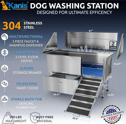 KANIS Professional Dog Washing Station - 304 Stainless Steel Pet Wash Sink &amp; Grooming Bath Tub for Home with Ramp, Shower, Floor Grate, Storage Drawer, Faucet, Drain Kit for Large, Medium &amp; Small Pets