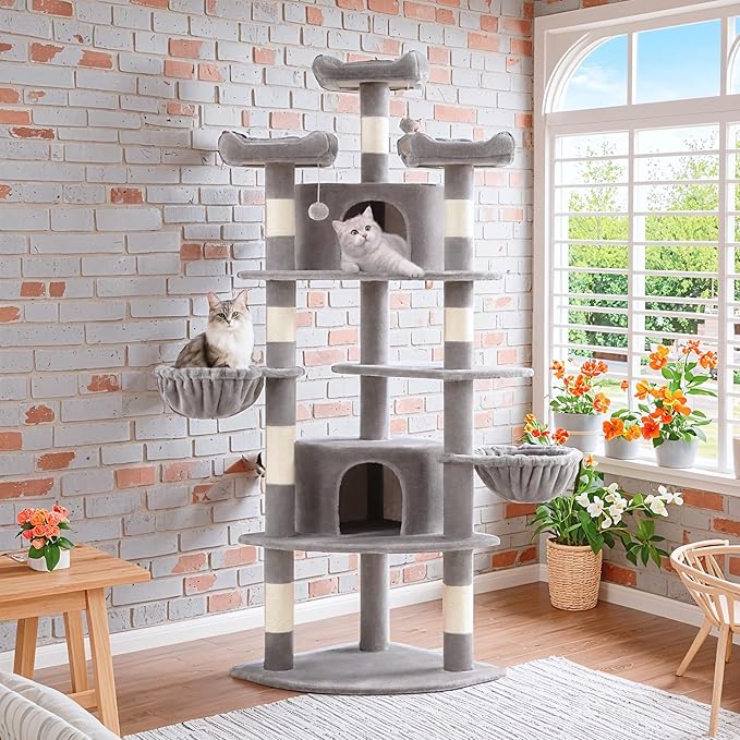 SHA CERLIN 73" Space-Saving Cat Tree/Multi-Level Tall Cat Tower with Perches/Scratching Posts/Condo &amp; Hanging Baskets/Modern Fan-Shaped Design for Indoor Kitties/Pet Activity House/Grey