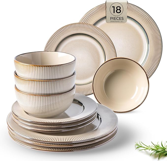 GBHOME Ceramic Dinnerware Sets, 18 Piece Embossed Elegant Stoneware Plates and Bowls Sets, Housewarming Wedding Gift | Dishwasher &amp; Microwave Safe | Dishes Set Service for 8