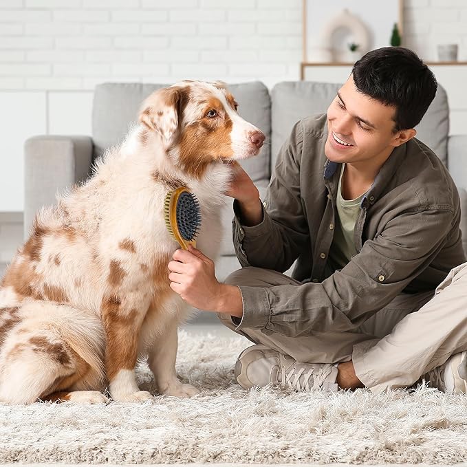 TAKAVU Short Hair Dog &amp; Cat Deshedding Brush - Double Sided Grooming Tool with Silicone Massage &amp; Bristle Sides - Removes Loose Fur &amp; Dirt - Wood Handle