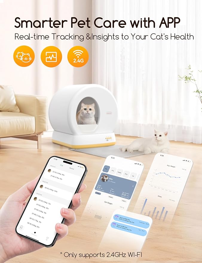 MeoWant Self-Cleaning Cat Litter Box, Advanced Safety System Automatic Cat Litter Box Perfect for Multi Cats, Extra Large/Odor Control/APP Control Smart Cat Litter Box with Mat &amp; Liner, Yellow