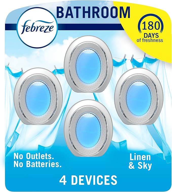 Febreze Bathroom Air Freshener, Odor-Fighting, Plug In Alternative, Air Fresheners for Home and Bathroom and Kitchen, Closet Air Fresheners, Linen &amp; Sky Scent, 4 Count