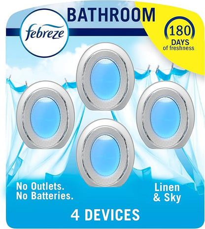 Febreze Bathroom Air Freshener, Odor-Fighting, Plug In Alternative, Air Fresheners for Home and Bathroom and Kitchen, Closet Air Fresheners, Linen &amp; Sky Scent, 4 Count
