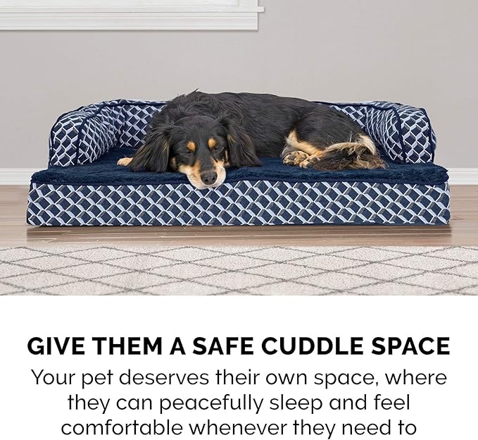 Furhaven Memory Foam Dog Bed for Large Dogs w/ Removable Bolsters &amp; Washable Cover, For Dogs Up to 125 lbs - Plush &amp; Woven Decor Comfy Couch Sofa - Diamond Blue, Jumbo Plus/XXL
