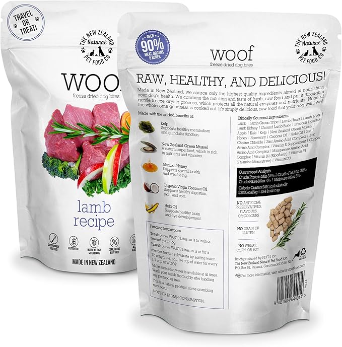 Woof Freeze Dried Dog Food - Lamb Recipe, High Protein, Dog Food Topper &amp; Dog Treats, All Life Stages, 1.76 oz
