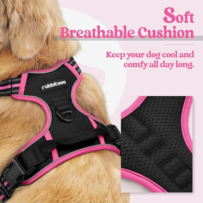 rabbitgoo Dog Harness No Pull with 2 Leash Clips, Adjustable Soft Padded, Reflective Oxford No Choke Pet Vest with Easy Control Handle for Large Dogs, Black &amp; Hot Pink, L