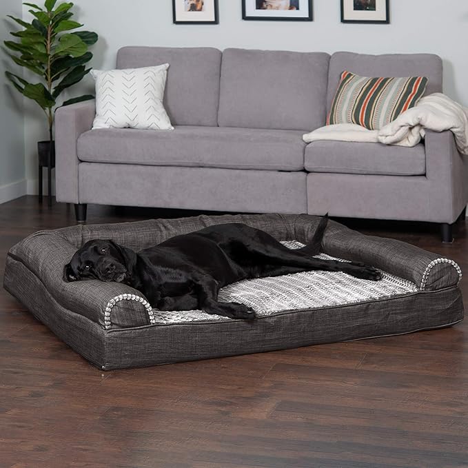 Furhaven Orthopedic Dog Bed for Large Dogs w/ Removable Bolsters &amp; Washable Cover, For Dogs Up to 125 lbs - Luxe Faux Fur &amp; Performance Linen Sofa - Charcoal, Jumbo Plus/XXL