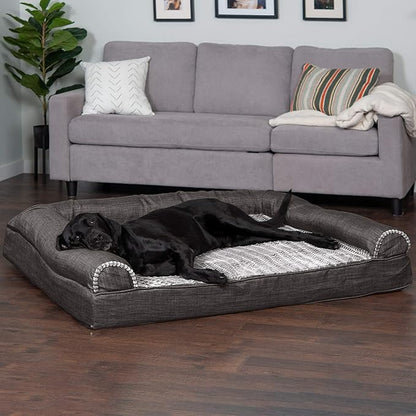 Furhaven Orthopedic Dog Bed for Large Dogs w/ Removable Bolsters &amp; Washable Cover, For Dogs Up to 125 lbs - Luxe Faux Fur &amp; Performance Linen Sofa - Charcoal, Jumbo Plus/XXL