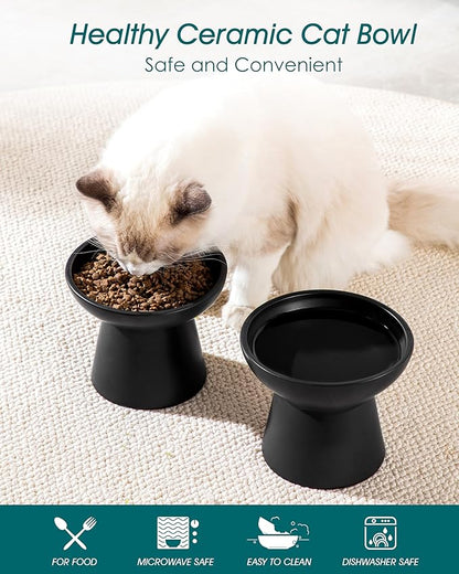 vancasso Ceramic Elevated Cat Bowls 2-Pack - 6.2" Extra Wide Raised Cat Food &amp; Water Dishes, 5.1" Optimal Height Anti-Whisker Fatigue Shallow Bowls for Cats/Kittens/Dogs, Lead &amp; Cadmium Free (Black)